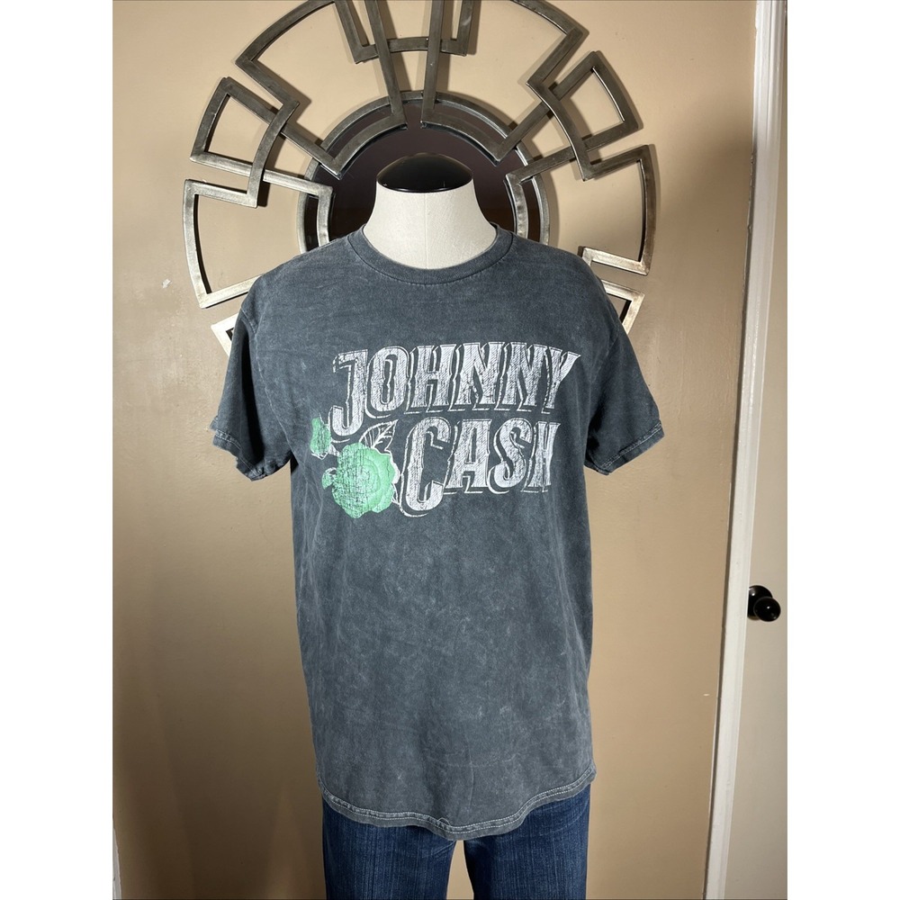 Johnny Cash Black Faded Distressed Short Sleeve T-shirt Outlaw‎ Cowboy Hat Sz M